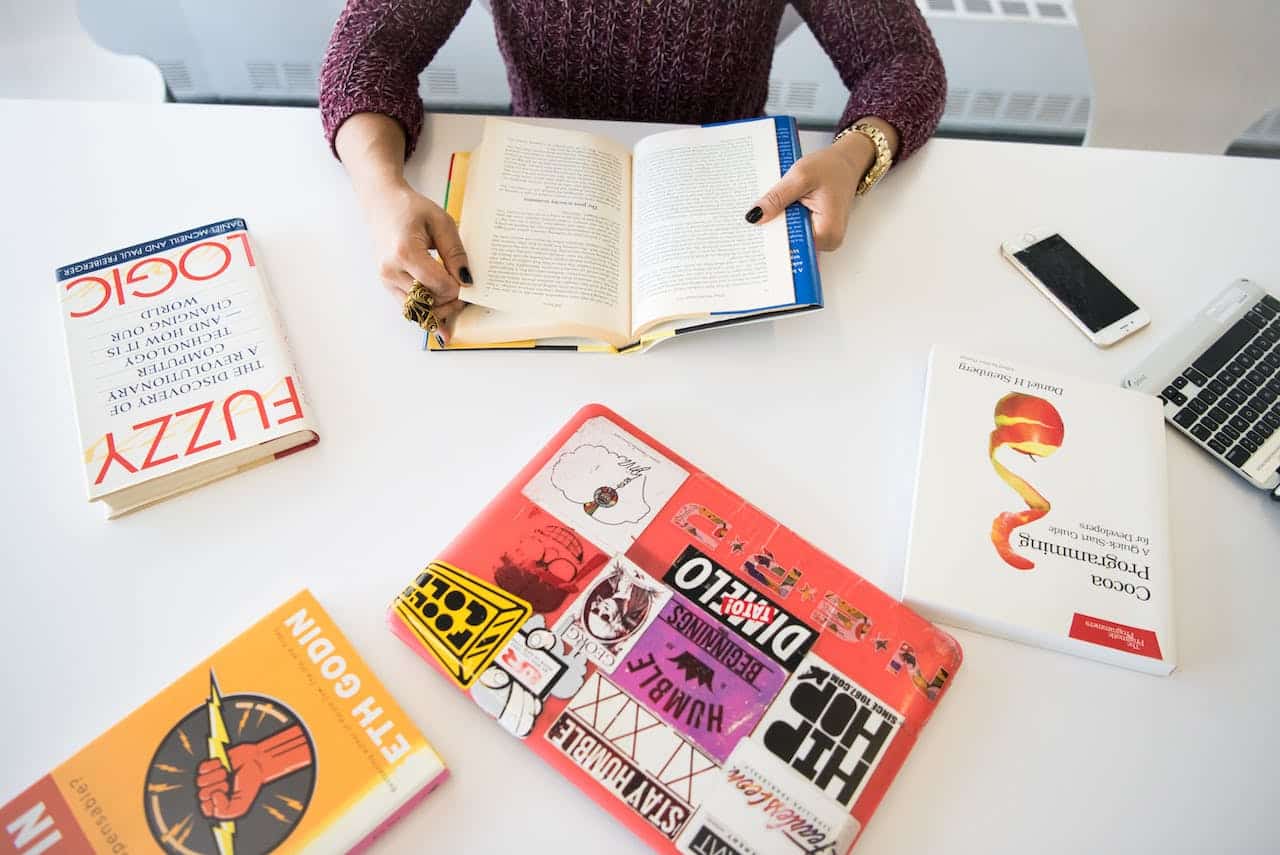 Different books on a table