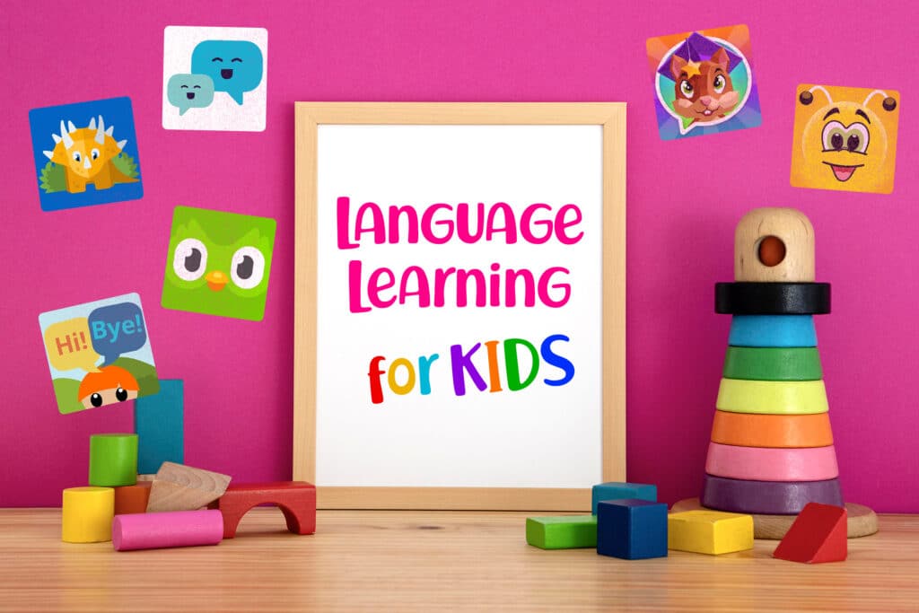 Language learning for kids text with app icons